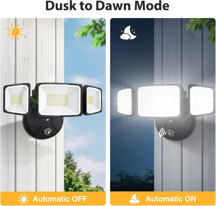 Onforu 60W LED Dusk to Dawn Flood Lights, 6000LM Exterior Security Outdoor Lighting, IP65 Waterproof Outdoor 3 Adjustable Heads Photocell Light Fixture, 6500K White Floodlight for Garage, Patio, Yard - Image 9