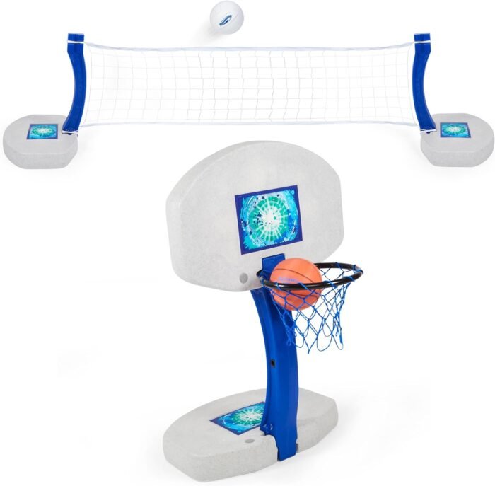 SwimWays 2-in-1 Pool Sport Combo Set - Volleyball Net & Outdoor Basketball Hoop for in- & Above Ground Pool, Outdoor Games for Adults and Family