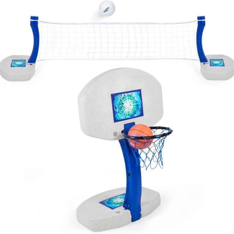 SwimWays 2-in-1 Pool Sport Combo Set - Volleyball Net & Outdoor Basketball Hoop for in- & Above Ground Pool, Outdoor Games for Adults and Family