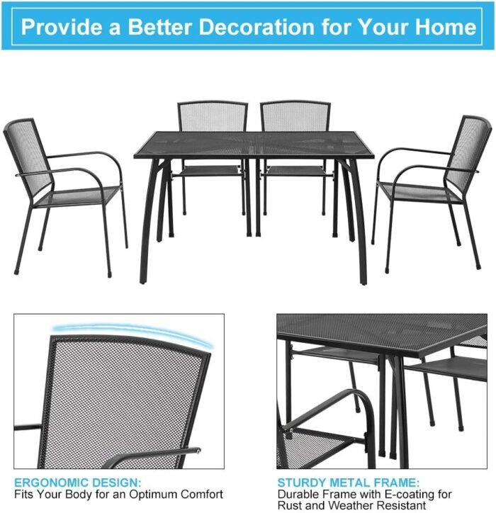 AECOJOY Metal Outdoor Table and Chairs Sets, Patio Dining Table Set for 4, 51" Dining Table with Umbrella Hole Rectangle Table and 4 Stackable Chairs, Patio Furniture Set for Outdoors - Image 2