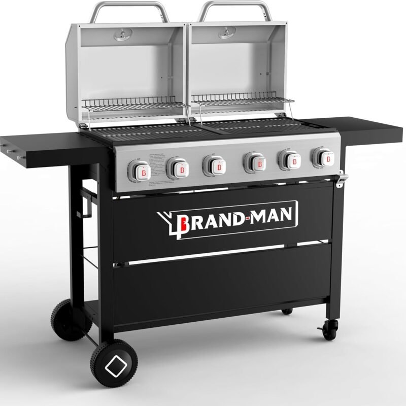 Brand-Man 6 Burner Propane Gas Grill, BBQ Grill with Double Stainless Steel Lids & Foldable Side Shelves for Outdoor Kitchen & Backyard Barbecue Cooking, 60,000 BTU Output