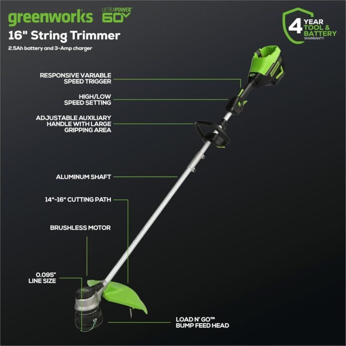 Greenworks 60V 16” Brushless Cordless String Trimmer, 2.5Ah Battery and Charger Included - Image 2