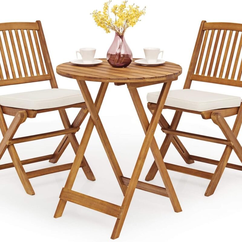 Tangkula 3 PCS Patio Folding Bistro Set, Outdoor Acacia Wood Chair and Table Set w/Padded Cushion& Round Coffee Table, Ideal for Indoor Patio Poolside Garden (Cream)