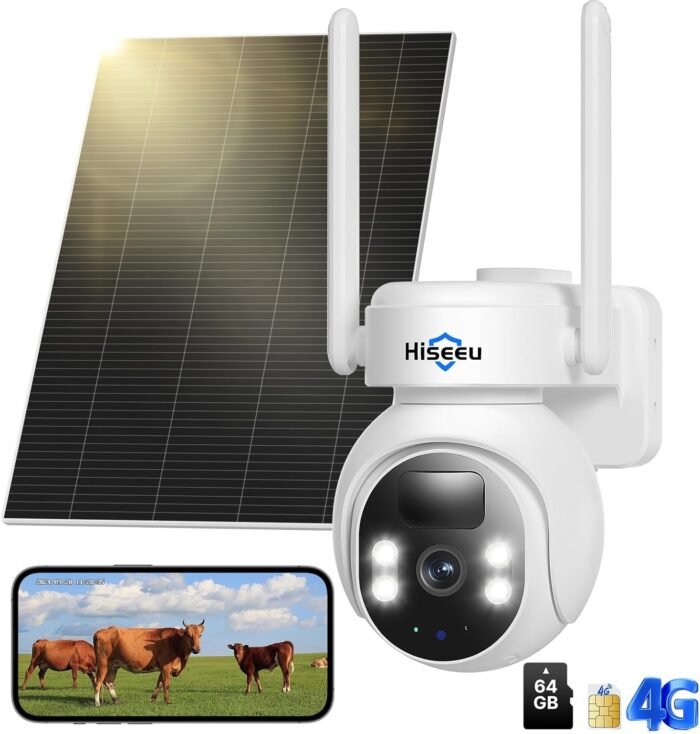 Hiseeu 4G Cellular Security Cameras Wireless Outdoor, No WiFi Security Camera, Solar Powered Cameras 360° PTZ, 2K Color Night Vision, 2-Way Talk, PIR Motion, 64G SD & SIM Card Included