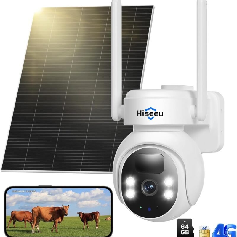 Hiseeu 4G Cellular Security Cameras Wireless Outdoor, No WiFi Security Camera, Solar Powered Cameras 360° PTZ, 2K Color Night Vision, 2-Way Talk, PIR Motion, 64G SD & SIM Card Included