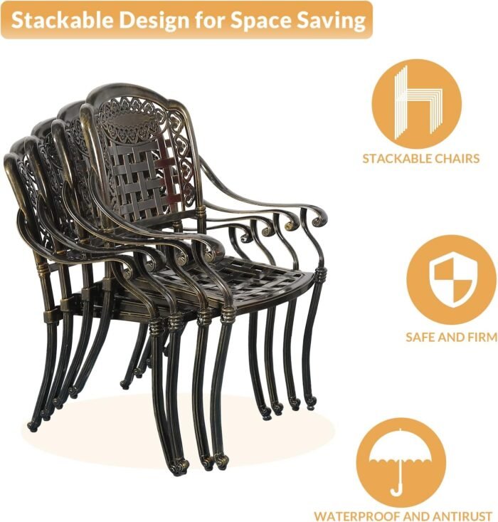 7-Piece Outdoor Patio Dining Set, 60” Rectangular Cast Aluminum Dining Table with Umbrella Hole and 6 Outdoor Dining Chairs, Patio Funiture Set for Backyard, Patio, Garden - Image 3