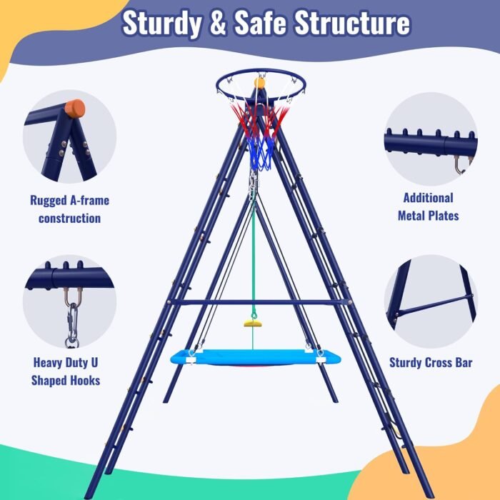 Swing Set for Backyard 550lbs - 6 in 1 Kid Outdoor Playground with Heavy Duty A-Frame Swing Stand, Platform Swing, Belt Swing, Climbing Rope & Climbing Ladder, Basketball Hoop for 3-8 Years Old - Image 5
