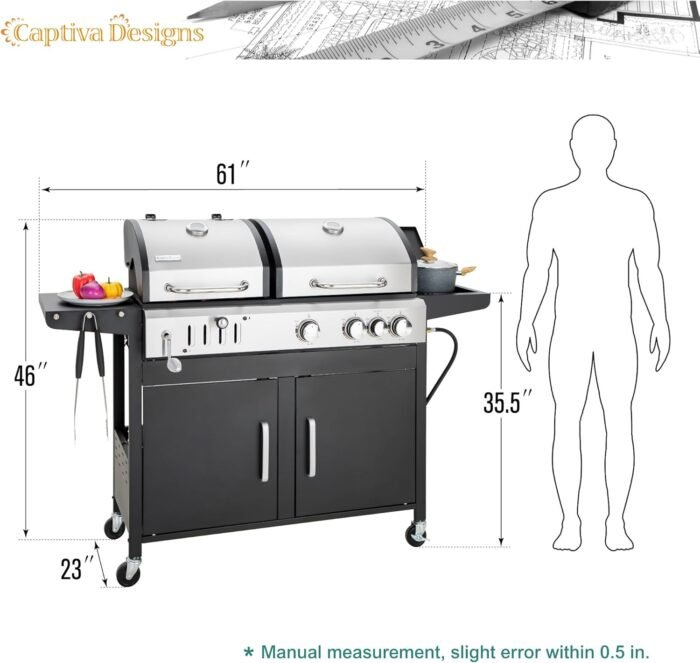 Captiva Designs Propane Gas Grill and Charcoal Grill Combo with Side Burner & Porcelain-Enameled Cast Iron Grate, Dual Fuel BBQ Grill for Outdoor Events & Backyard Barbecue, 690 SQIN Cooking Area - Image 6