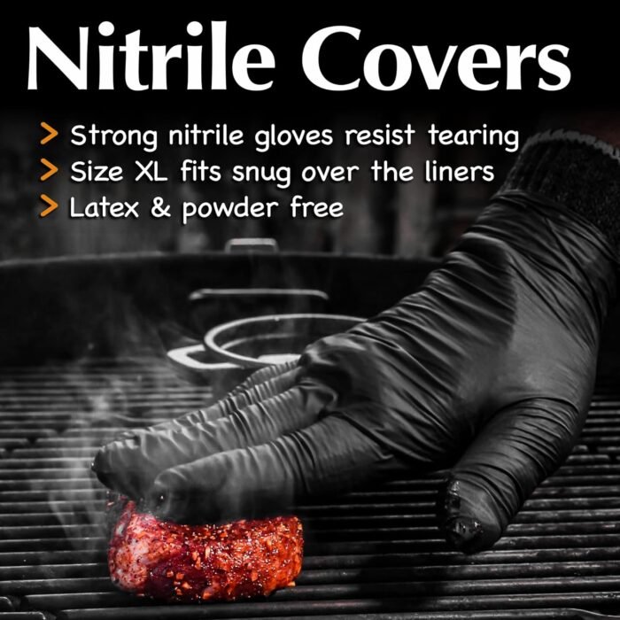 Grilling Glove Kit – 100 Black Nitrile Gloves – 4 Thick Cotton Liners – Disposable BBQ Gloves with Washable Heat-Resistant Liners – Replaceable Cover Oven Mitt for Barbecue and Smoking Meat - Image 4