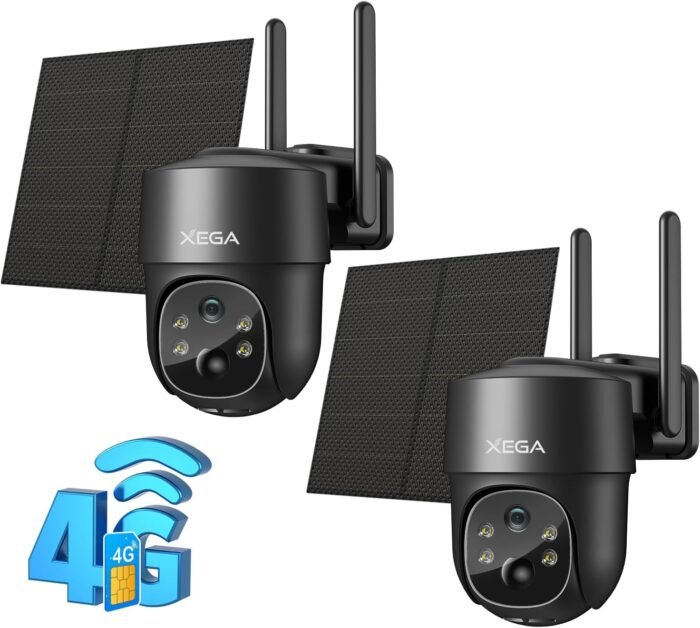 Xega 4G LTE Cellular Security Camera Solar with SIM Card【2 Pack】 Wireless Outdoor No WiFi Security Camera,2K HD PTZ Night Vision Motion Detection 2 Way Talk TF&Cloud Storage IP66, Built-in SIM Card