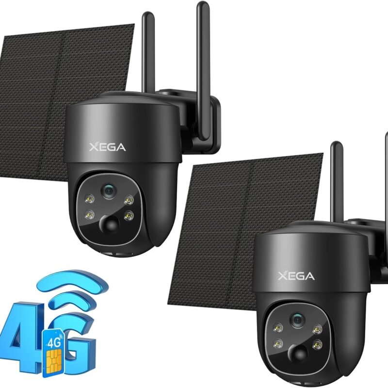 Xega 4G LTE Cellular Security Camera Solar with SIM Card【2 Pack】 Wireless Outdoor No WiFi Security Camera,2K HD PTZ Night Vision Motion Detection 2 Way Talk TF&Cloud Storage IP66, Built-in SIM Card