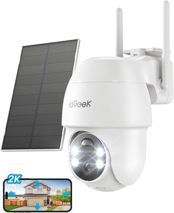 ieGeek Security Cameras Wireless Outdoor, 2K 2.4G WiFi Camera with Solar Panel and Battery Powered, Color Night Vision with Spotlight, 360° PTZ, 2-Way Audio, PIR Motion Sensor, Alexa, no Subscription
