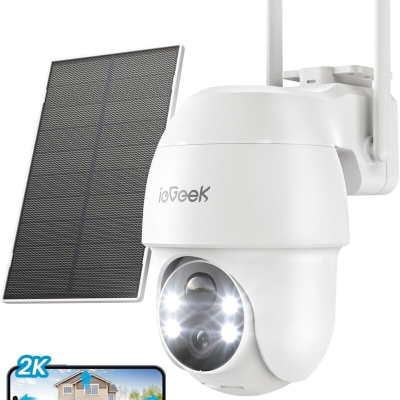 ieGeek Security Cameras Wireless Outdoor, 2K 2.4G WiFi Camera with Solar Panel and Battery Powered, Color Night Vision with Spotlight, 360° PTZ, 2-Way Audio, PIR Motion Sensor, Alexa, no Subscription