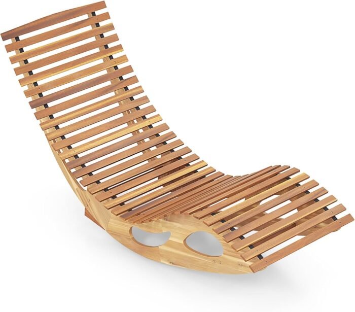 Tangkula Outdoor Chaise Lounge Chair, Acacia Wood Rocking Sun Lounger with Slatted Backrest and Seat, Wooden Rocker Lounge Chair for Patio, Garden and Poolside