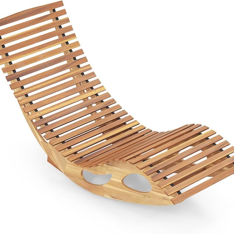 Tangkula Outdoor Chaise Lounge Chair, Acacia Wood Rocking Sun Lounger with Slatted Backrest and Seat, Wooden Rocker Lounge Chair for Patio, Garden and Poolside