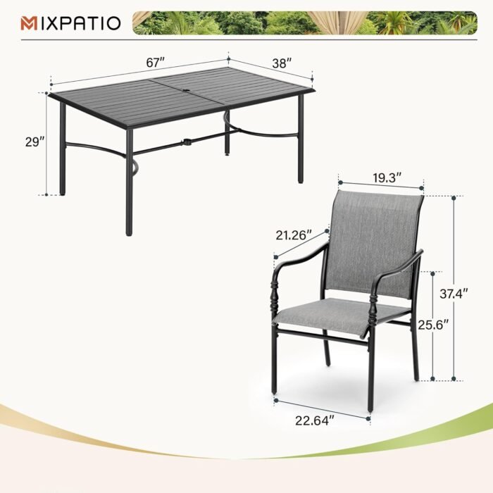 7 Pieces Patio Dining Set, Patio Dining Set for 6, 67" Rectangular Outdoor Dining Table, 6 X Textilene Chairs, for Garden Lawn Porch Backyard Poolside，Grey - Image 6