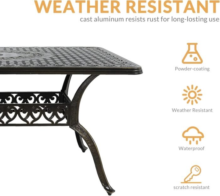 7-Piece Outdoor Patio Dining Set, 60” Rectangular Cast Aluminum Dining Table with Umbrella Hole and 6 Outdoor Dining Chairs, Patio Funiture Set for Backyard, Patio, Garden - Image 4