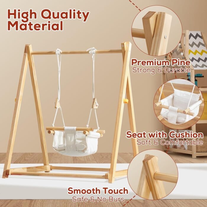 FUNLIO Foldable Wooden Swing Set for Toddlers 6-36 Months, Baby Swing Set with Durable Pine, Portable Toddler Swing with 4 Sandbags & Extension Straps, Kid Swing for Indoor/Outdoor/Backyard - Image 3