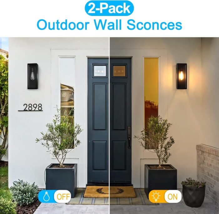 2-Pack Outdoor Wall Lanterns, Exterior Waterproof Wall Sconce with Glass Shades, Matte Black Porch Lights Wall Mounted, Anti-Rust E26 Modern Wall Lighting Fixtures for Patio Garage Entryway Front Door - Image 5