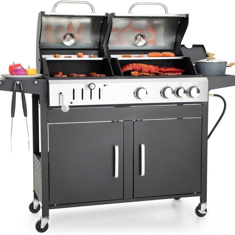 Captiva Designs Propane Gas Grill and Charcoal Grill Combo with Side Burner & Porcelain-Enameled Cast Iron Grate, Dual Fuel BBQ Grill for Outdoor Events & Backyard Barbecue, 690 SQIN Cooking Area