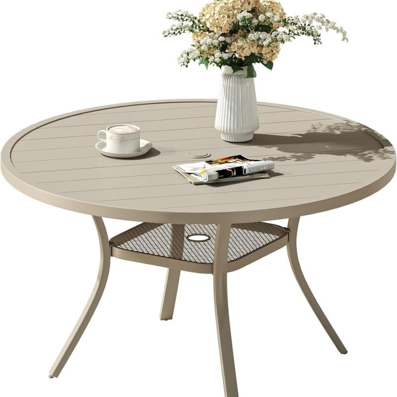 VICLLAX Round Patio Dining Table, 4-6 Person Metal Outdoor Dining Table with Umbrella Hole for Garden Lawn Deck, 47.2" Sand