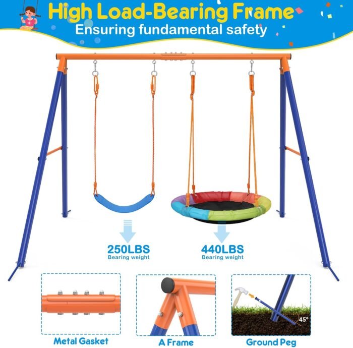 Swing Set with Stand for Kids, Heavy Duty Metal A-Frame Out Playset Holds 440 lbs, Swing Stand with 32" Saucer Seat and 26.2" Seat, Outdoor Swing Sets for Backyard - Image 3
