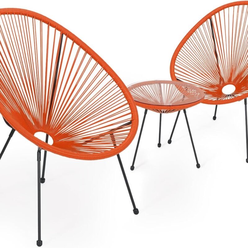 Magshion Outdoor Acapulco Chair Set 3-Piece with Glass Top Table, Lightweight All-Weather Woven PE Rope Patio Furniture, Modern Bistro Conversation Set for Patio, Garden, Poolside, Orange