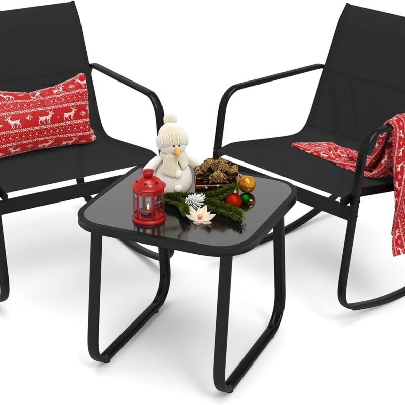 YITAHOME 3 Piece Patio Furniture Set with Rocking Bistro Chairs and Glass Table, Textilene Fabric Small Outdoor Conversation Furniture Set for Backyard, Lawn, Garden, Balcony, Poolside (Black)