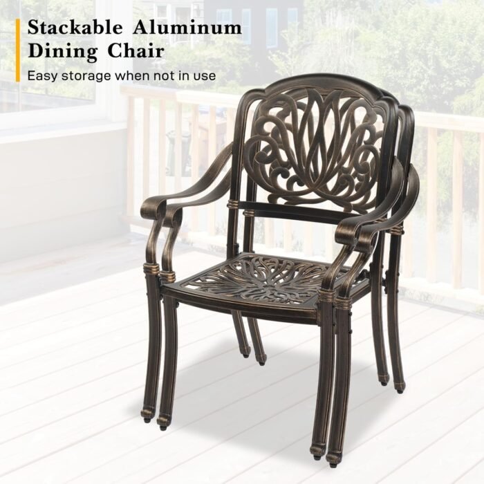 VINGLI Outdoor Dining Chairs Set of 2 Aluminum Patio Chairs, Cast Aluminum Patio Furniture Aluminum Outdoor Chairs for Backyard, Poolside, Balcony Bronze (with Cushion) - Image 4