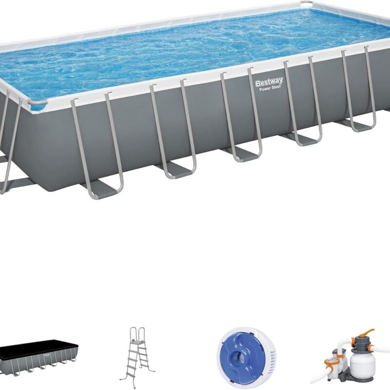 Bestway Power Steel 24' x 12' x 52" Rectangular Metal Frame Above Ground Swimming Pool Set with 1500 GPH Sand Filter Pump, Ladder, and Pool Cover