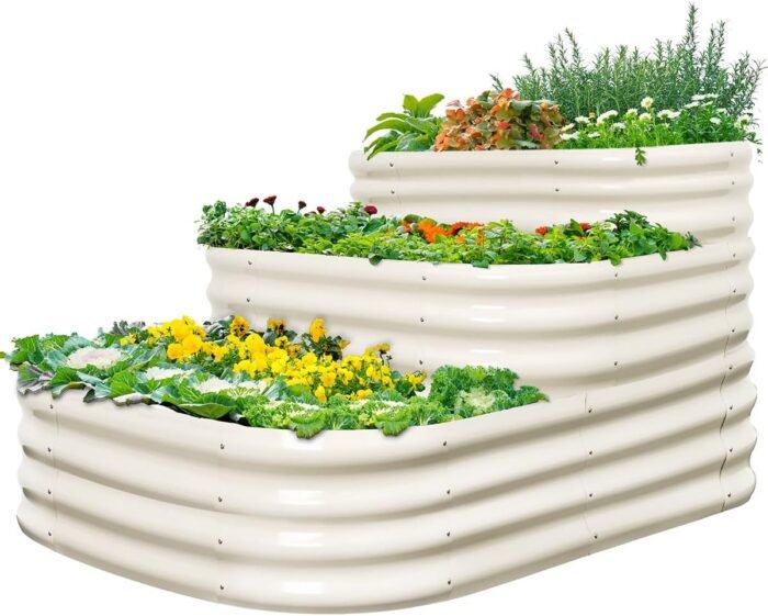 Quictent Galvanized Tiered Raised Garden Bed Kit, 43x63x31.5 in Oval Planting Box, for Vegetables Outdoor 3-in-1 Assembly Modular, Beige
