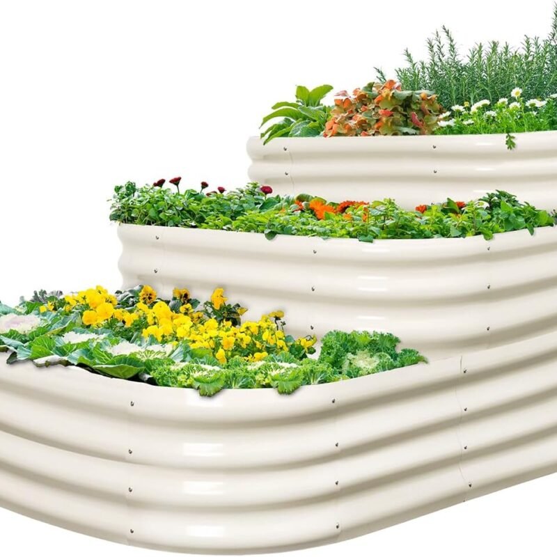 Quictent Galvanized Tiered Raised Garden Bed Kit, 43x63x31.5 in Oval Planting Box, for Vegetables Outdoor 3-in-1 Assembly Modular, Beige