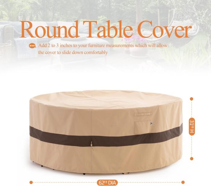 Round Patio Furniture Cover, 62" D x 31" H, Waterproof, UV Resistant, Anti-Fading Outdoor Cover for Round Dining Table and Chairs Set, Beige & Coffee - Image 7