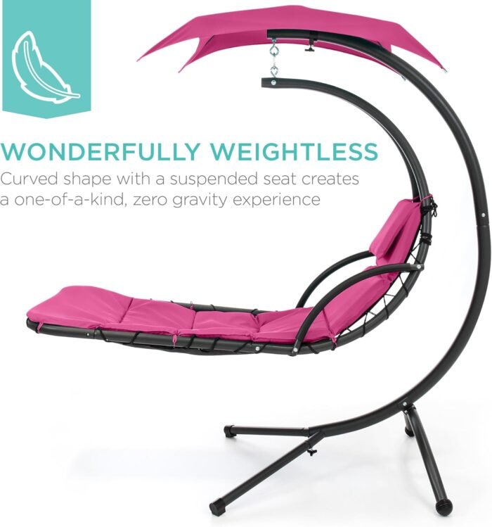 Best Choice Products Outdoor Hanging Curved Steel Chaise Lounge Chair Swing w/Built-in Pillow and Removable Canopy - Pink - Image 2