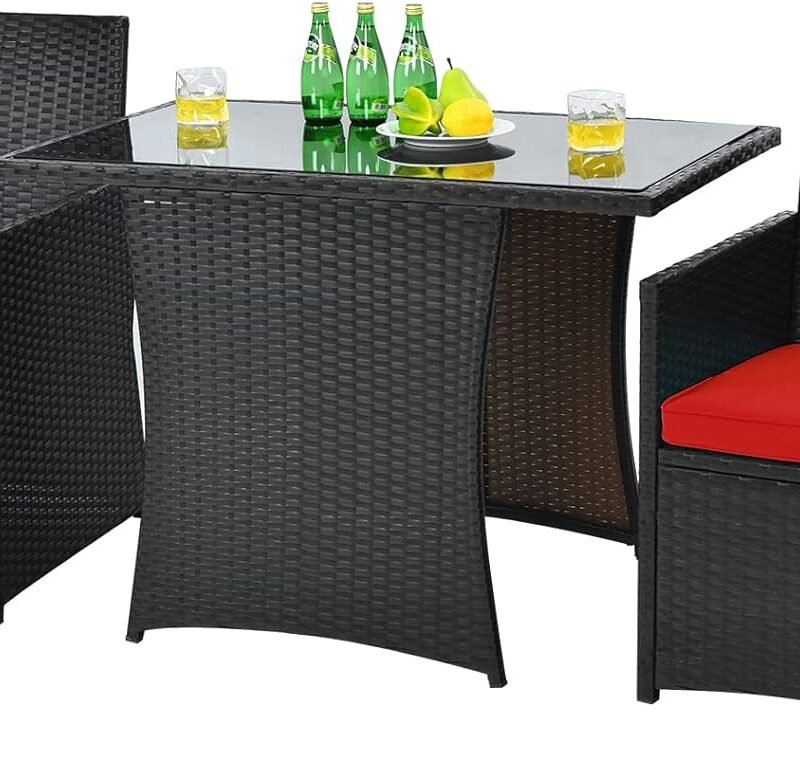 HAPPYGRILL 3-Piece Outdoor Wicker Bistro Set PE Rattan Dining Table Set with Cushioned Chairs, Patio Conversation Set for Backyard Porch Garden and Poolside
