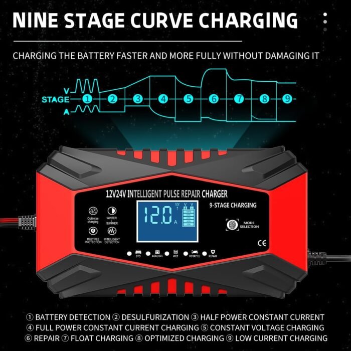 12-Amp Car Battery Charger,12V and 24V Smart Fully Automatic Maintainer Trickle Charger w/Temperature Compensation for Truck Motorcycle Lawn Mower Boat Marine Lead Acid Batteries (red) - Image 7