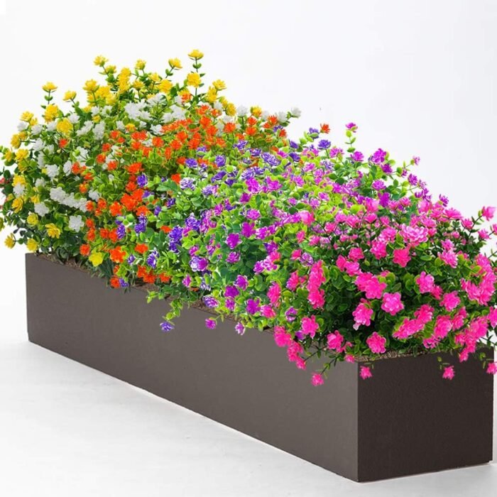 10 Bundles Artificial Fake Flowers, Faux Outdoor Plastic Plants UV Resistant Shrubs Outside Indoor Decorations (Pink-Eucalyptus) - Image 7