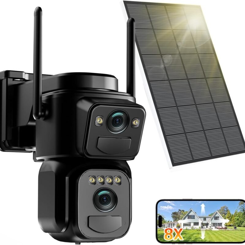 4K 8MP Solar Security Cameras Wireless Outdoor Battery Powered, 5GHz&2.4GHz Dual Lens Bullet & 360°PTZ Linkage Outdoor Security Camera with Solar Panel, Digital Zoom, Color Night Vision, PIR Sensors