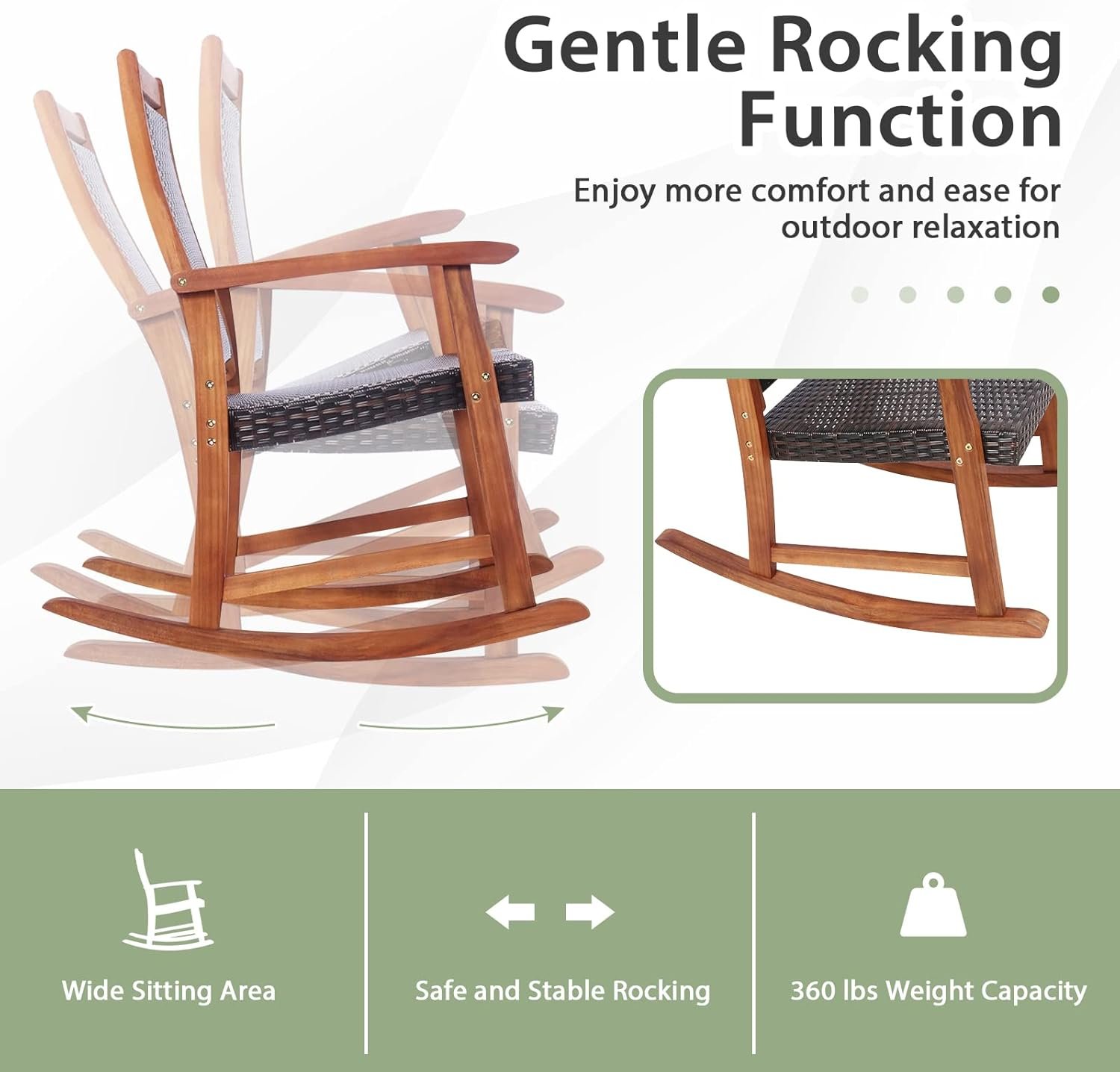 HAPPYGRILL 3 Pieces Rocking Bistro Set Acacia Wood Patio Rocking Chairs with Coffee Table, Rattan Wicker Rocking Conversation Set for Garden Porch Backyard - Image 4