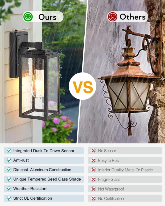 VIANIS 2 Pack Dusk to Dawn Outdoor Wall Lighting, Black Exterior Light Fixture Wall Mount for House Front Porch, Anti-Rust Aluminium Modern Outdoor Wall Lantern with Tempered Glass Shade for Garage - Image 6