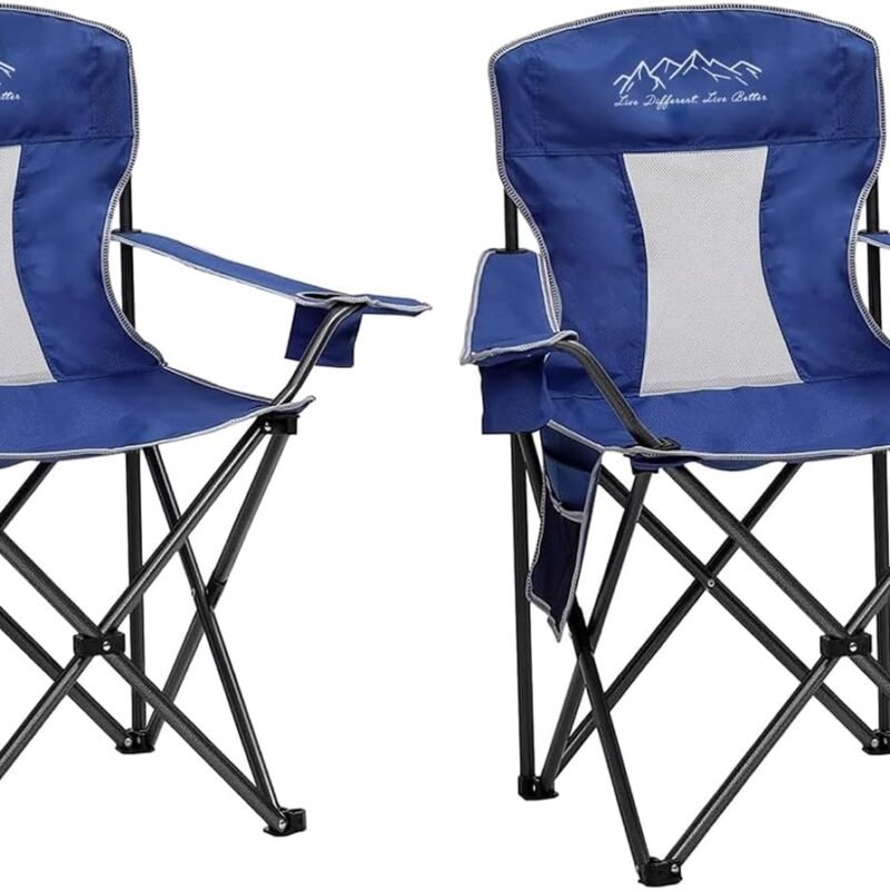 2PCS Collapsible Folding Camping Chairs Heavy Duty Lawn Foldable Chair with Cooler Bag, Storage Pocket, Waterproof Bag Outdoor Arm Sport Chair, Supports 325LBS, Blue