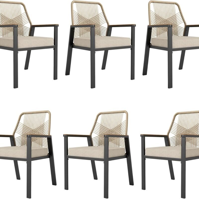 HERA'S HOUSE Patio Chairs Set of 6, 36.6" Rattan Dining Chairs with Heavy-Duty Wrought Iron Metal Frame Support 300lbs, All-Weather Outdoor Dining Chairs for Garden Lawn Backyard Kitchen Deck