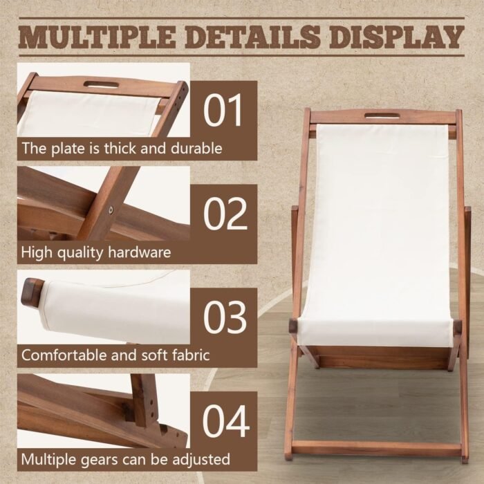 Outdoor Wooden Patio Lounge Chair 2 Set Beach Sling Chair Set Height Portable Reclining Beach Chair Solid Wood Frame with White Polyester Canvas 3 Level,Khaki - Image 8