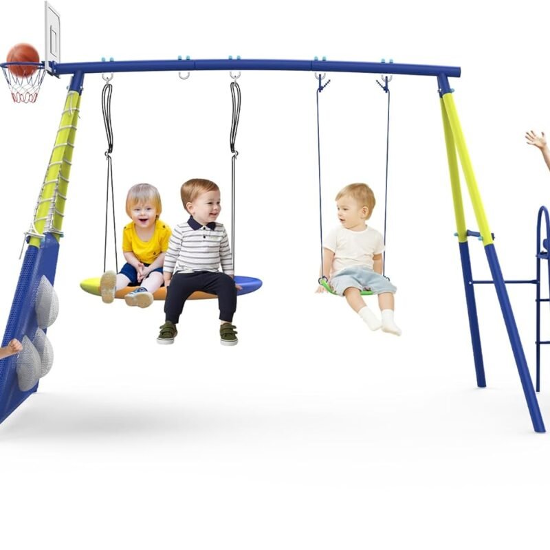 Swing Sets for Backyard, Heavy-Duty Swing and Slide Set, 440lbs 5 in 1 Outdoor Swing Set with Slide, Saucer Swing, Swing Seat, Soccer Goals and Basketball Hoop, Outdoor Playset Suitable for Kids
