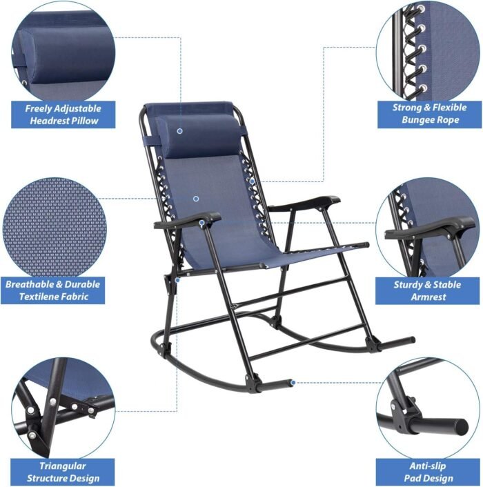 Devoko Patio Rocking Zero Gravity Chair Outdoor Wide Recliner Chair for Lawn Beach Camping Poolside with Headrest Pillow (Light Blue) - Image 4