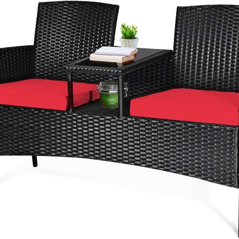 Tangkula Wicker Patio Conversation Furniture Set, Outdoor Furniture Set with Removable Cushions & Table, Tempered Glass Top, Modern Rattan Bench for Garden Lawn Backyard