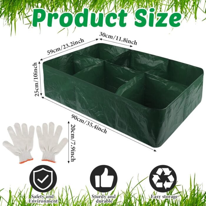 6 Pack 35 Gallon Raised Garden Beds Rectangle Garden Planting Bed with 6 Divided Grids Drainage Holes 4 Pcs White Gloves Warehouse Gloves for Vegetables Flowers Tomatoes Herb (Polypropylene, Cotton) - Image 2