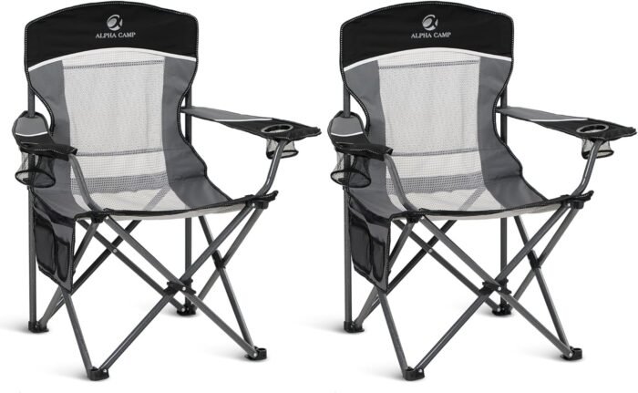 ALPHA CAMP 2PC Oversized Mesh Back Camping Folding Chair Heavy Duty Support 350 LBS Collapsible Steel Frame Quad Chair Padded Arm Chair with Cup Holder Portable for Outdoor (Black-2PC)