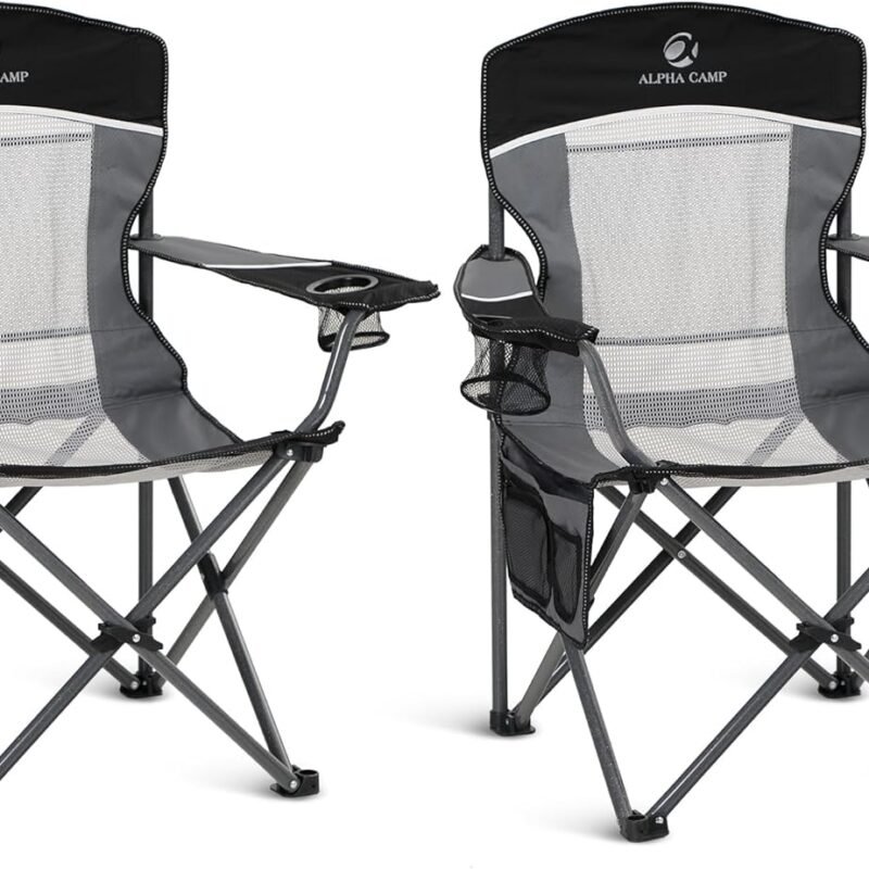 ALPHA CAMP 2PC Oversized Mesh Back Camping Folding Chair Heavy Duty Support 350 LBS Collapsible Steel Frame Quad Chair Padded Arm Chair with Cup Holder Portable for Outdoor (Black-2PC)
