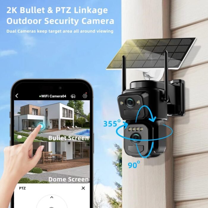 4K 8MP Solar Security Cameras Wireless Outdoor Battery Powered, 5GHz&2.4GHz Dual Lens Bullet & 360°PTZ Linkage Outdoor Security Camera with Solar Panel, Digital Zoom, Color Night Vision, PIR Sensors - Image 2